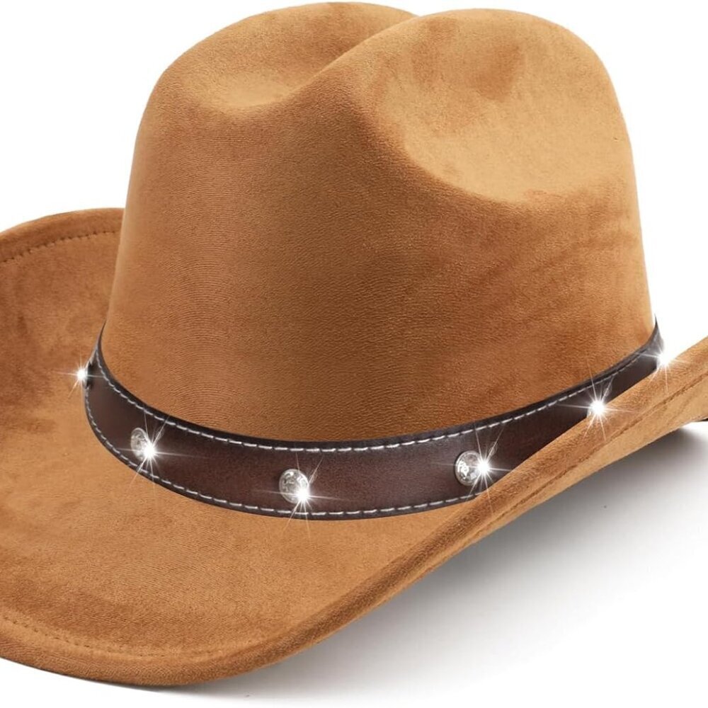 Cowgirl Hat Faux Suede Glitter Rhinestone Short Wide Brim for Women Teens